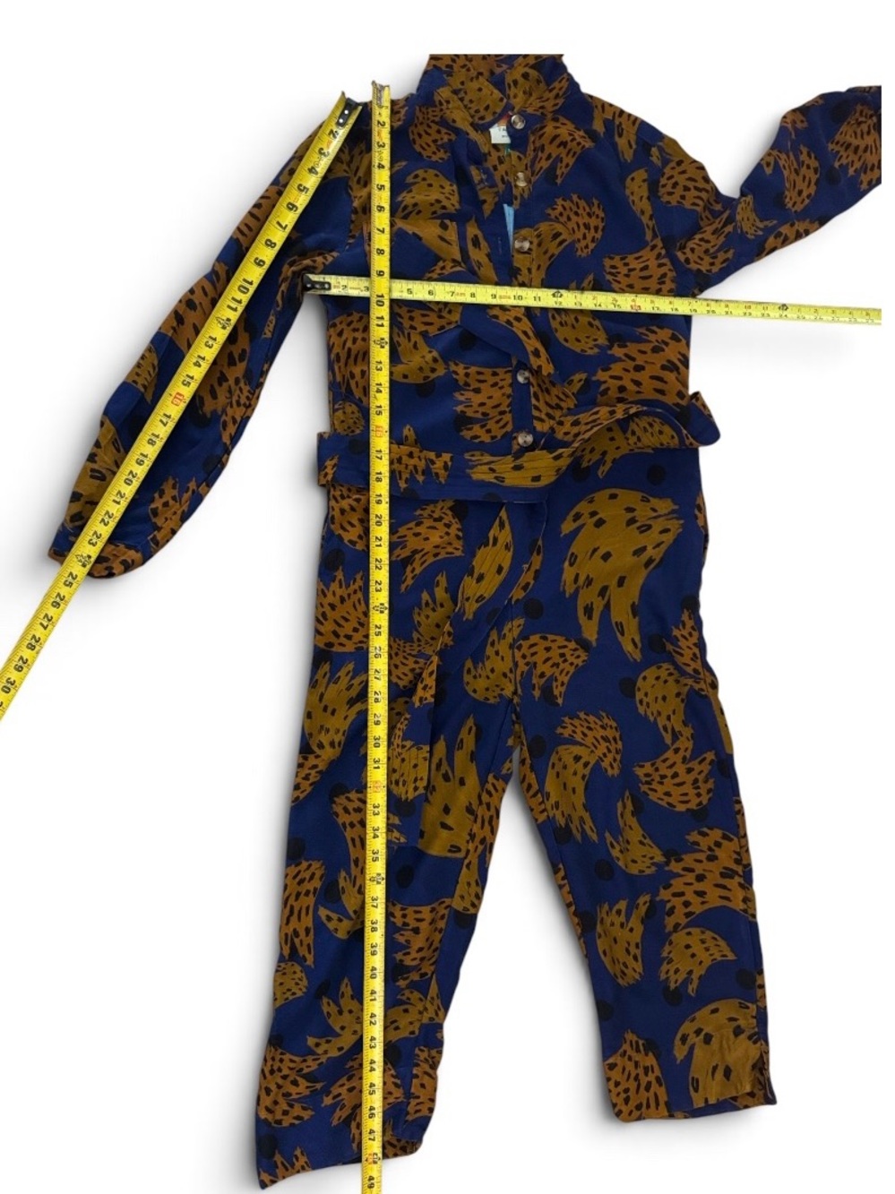 Farm Rio Banana Blue & Brown Printed Jumpsuit with Tie Waist Size Small - Picture 16 of 16